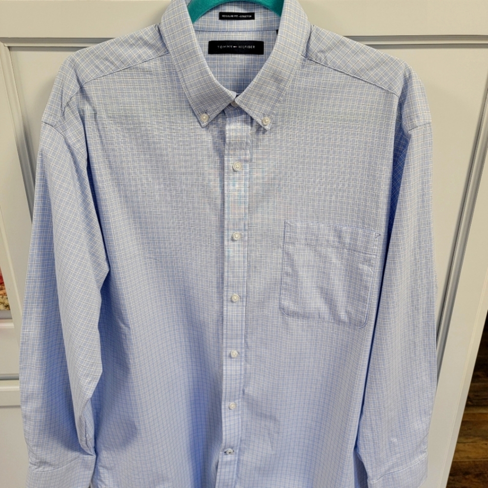 Tommy Hilfiger Button Down Shirt Long Sleeve Blue White Woven Checkered Sz Large
